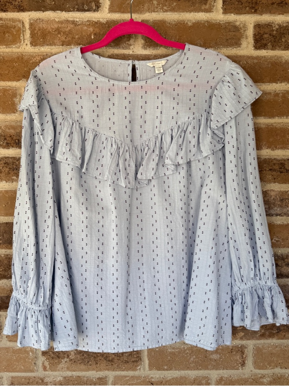 Light Blue Ruffle-Yoke Long-Sleeve Blouse